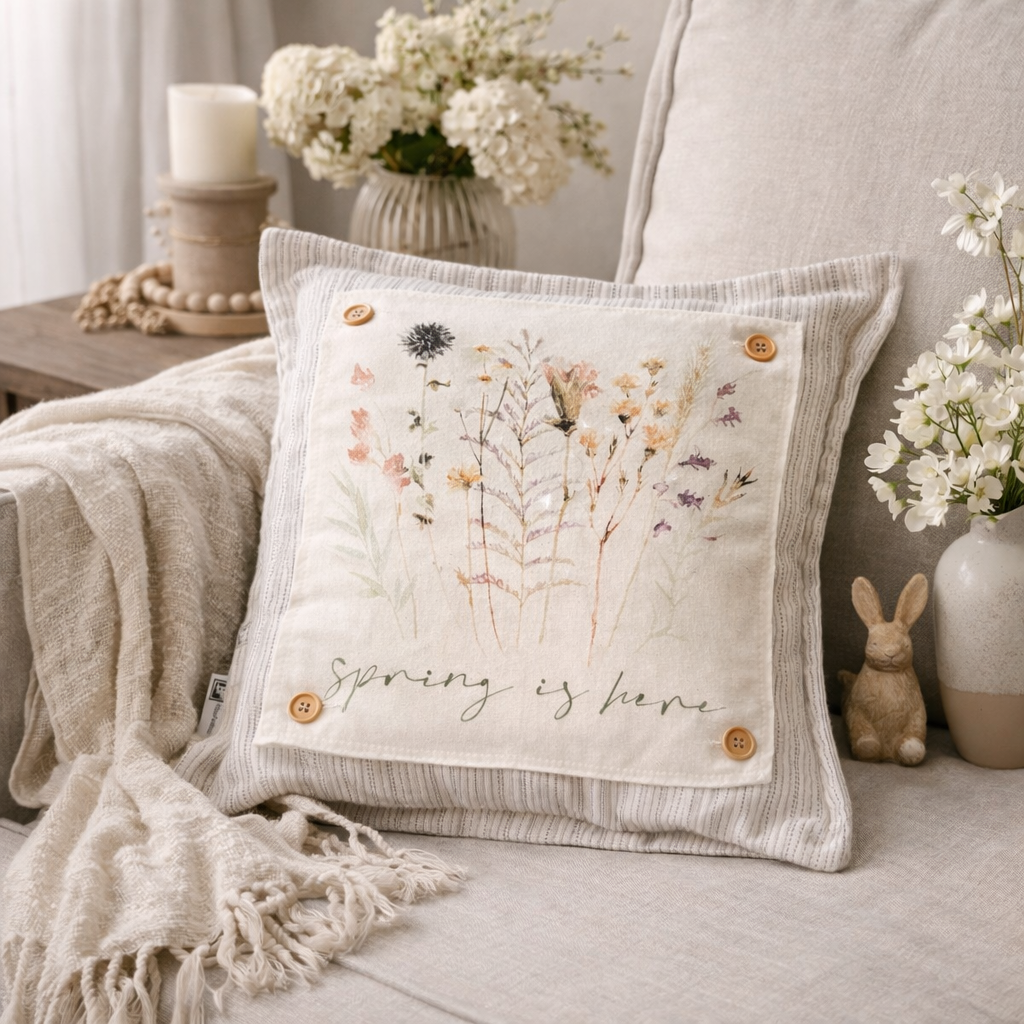 Decorative pillow with floral design and 'Spring is here' text on a neutral-toned sofa.