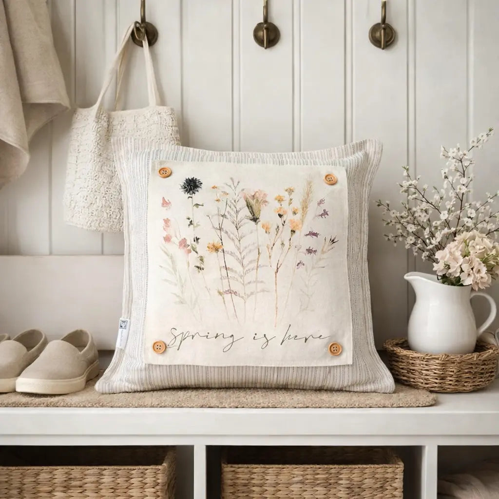 Decorative pillow with floral design and 'Spring is here' text on a bench with a basket and pitcher.
