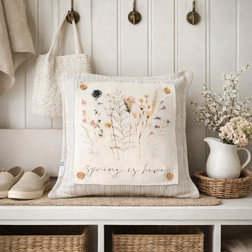 Decorative pillow with floral design and 'Spring is here' text on a bench with a basket and pitcher.