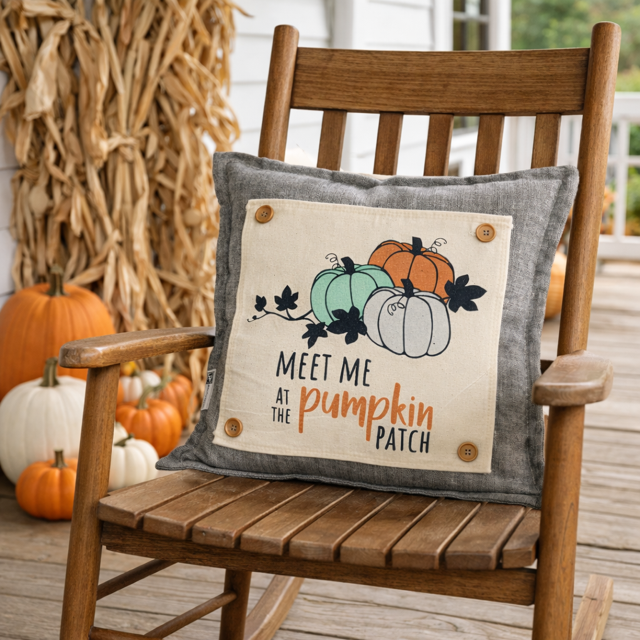 Decorative pillow with pumpkin design on a wooden chair outdoors.