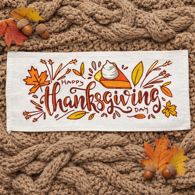 Thanksgiving-themed towel with pie illustration on a knitted surface