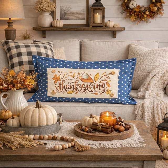 Cozy living room with Thanksgiving decorations, including a pillow and pumpkins.