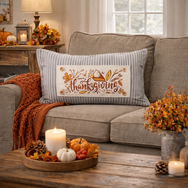 Living room with a 'Thanksgiving' pillow on a couch, candles, and fall decorations.