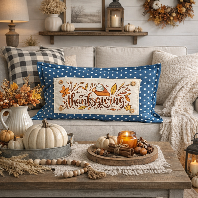Decorative pillow with 'Happy Thanksgiving' text on a couch with autumn-themed decor.
