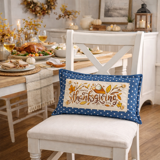 Decorative pillow with 'Happy Thanksgiving' text on a chair in a festively set dining room.