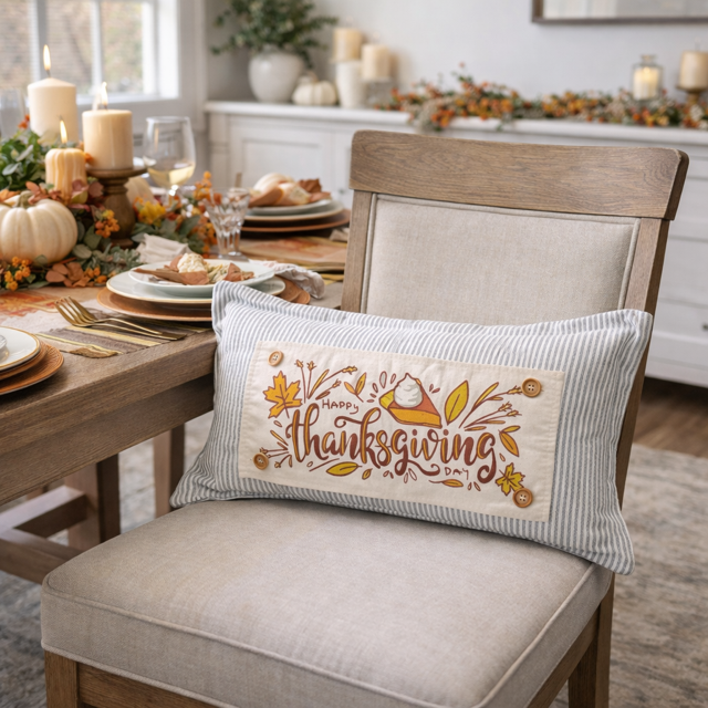 Decorative pillow with 'Happy Thanksgiving' text on a chair in a festively set dining room.