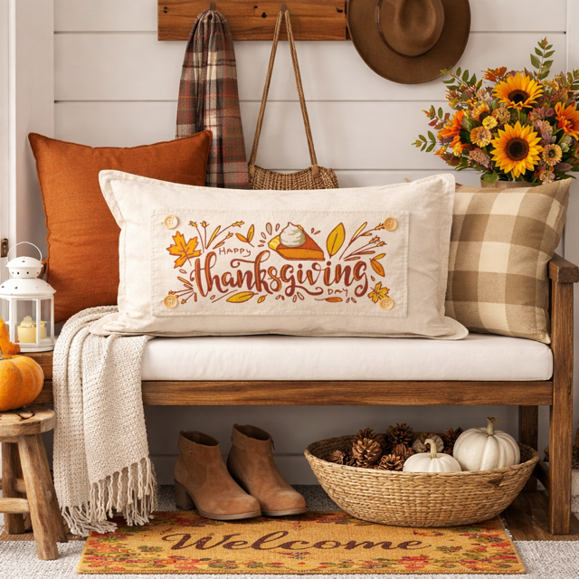Decorative pillow with 'Happy Thanksgiving' text on a wooden bench with fall-themed decor.