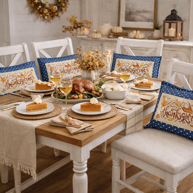 Thanksgiving table setting with a turkey, pies, and decorative pillows.