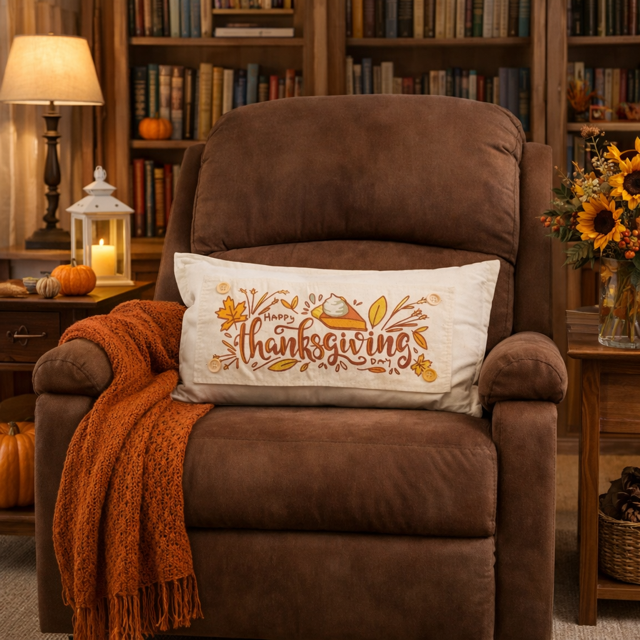 Brown armchair with a 'Happy Thanksgiving' pillow in a cozy room with bookshelves and pumpkins.