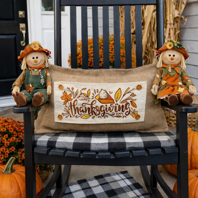 Decorative pillow with 'Happy Thanksgiving Day' text on a rocking chair with scarecrow decorations.