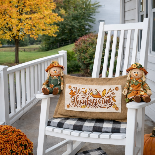 White rocking chair with a 'Thanksgiving' pillow and scarecrow decorations on a porch.