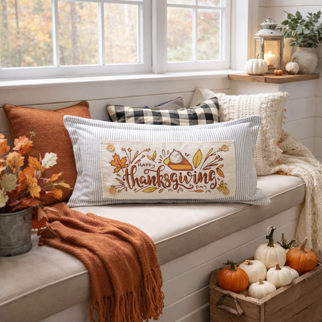 Decorative pillow with 'Happy Thanksgiving' text on a cozy window seat with pumpkins and fall decorations.