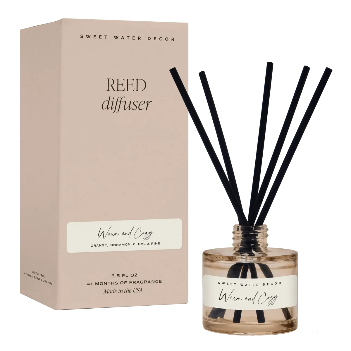 Warm and Cozy reed diffuser with black sticks, farmhouse home decor scent for cozy living spaces