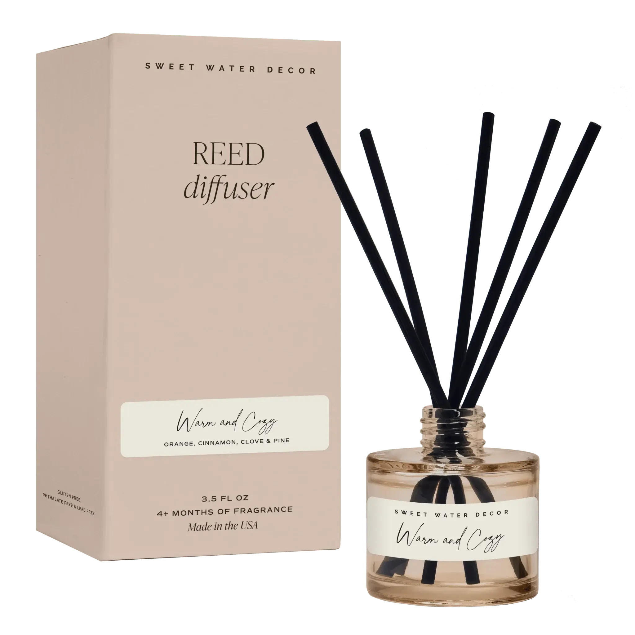 Warm and Cozy reed diffuser with black sticks, farmhouse home decor scent for cozy living spaces