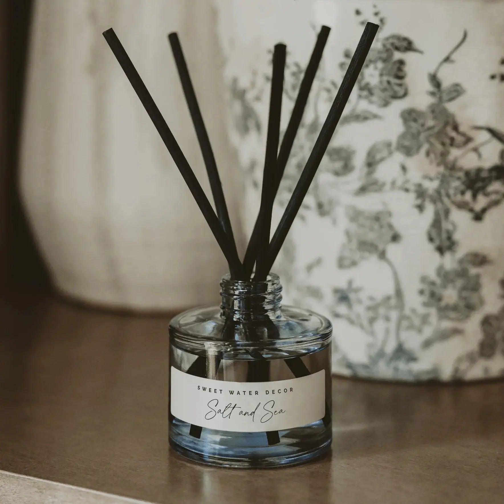 Salt and Sea reed diffuser with black sticks, cozy farmhouse home decor