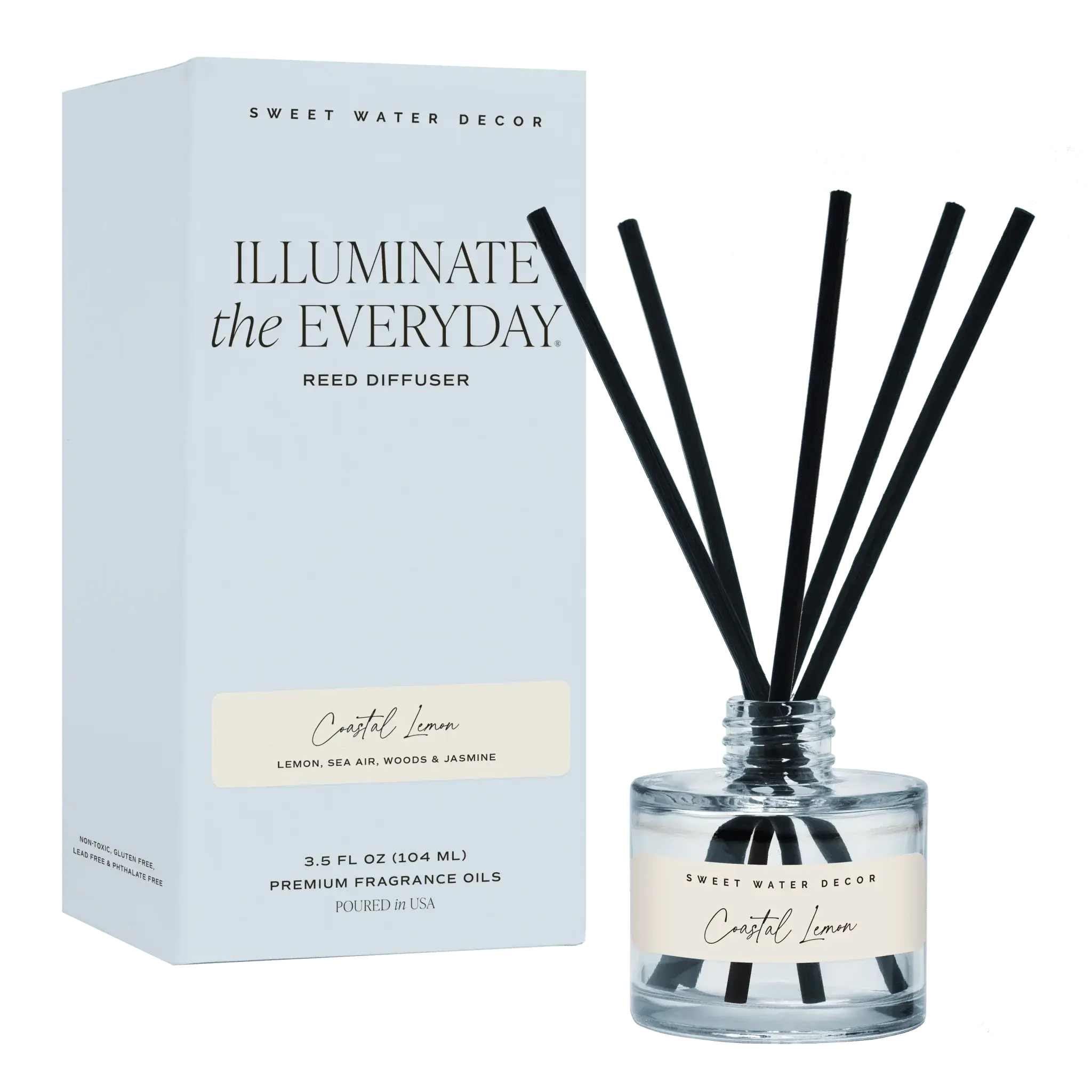 Coastal Lemon reed diffuser with black sticks, glass bottle, and light blue packaging for home fragrance decor