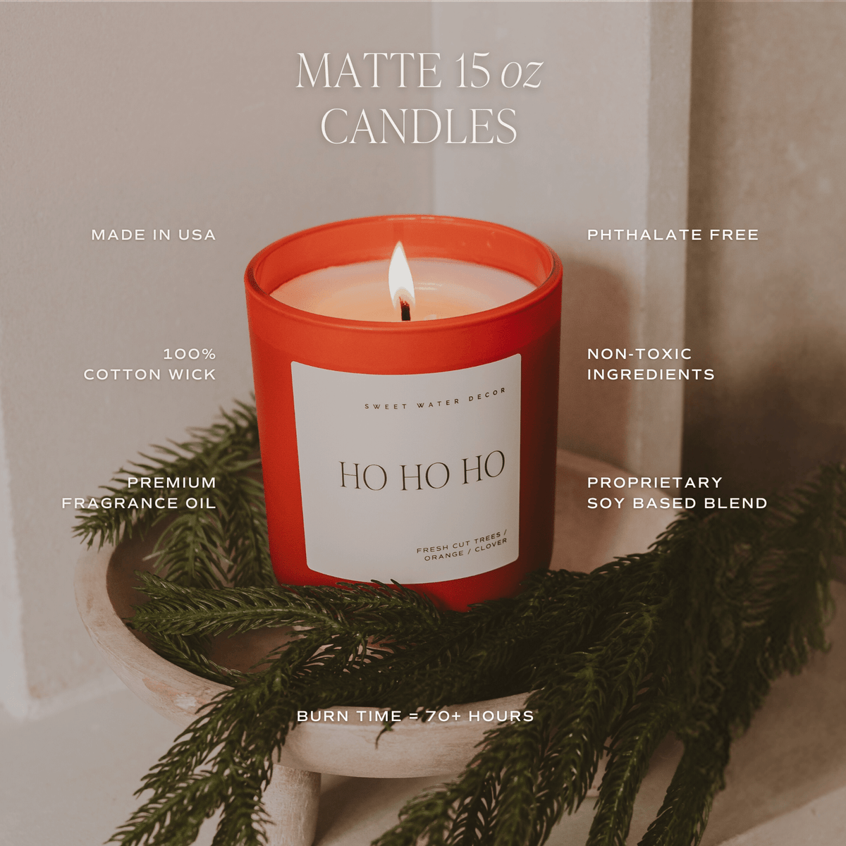 Candle with 'HO HO HO' label on a decorative stand with greenery, featuring product details.
