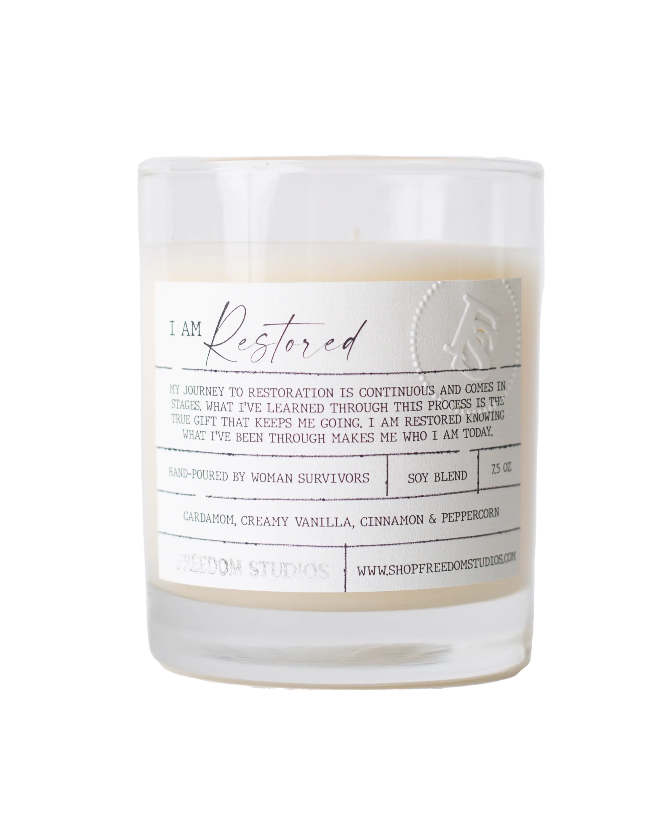 I Am Restored soy candle with cardamom vanilla scent, hand-poured by women survivors, cozy home decor gift