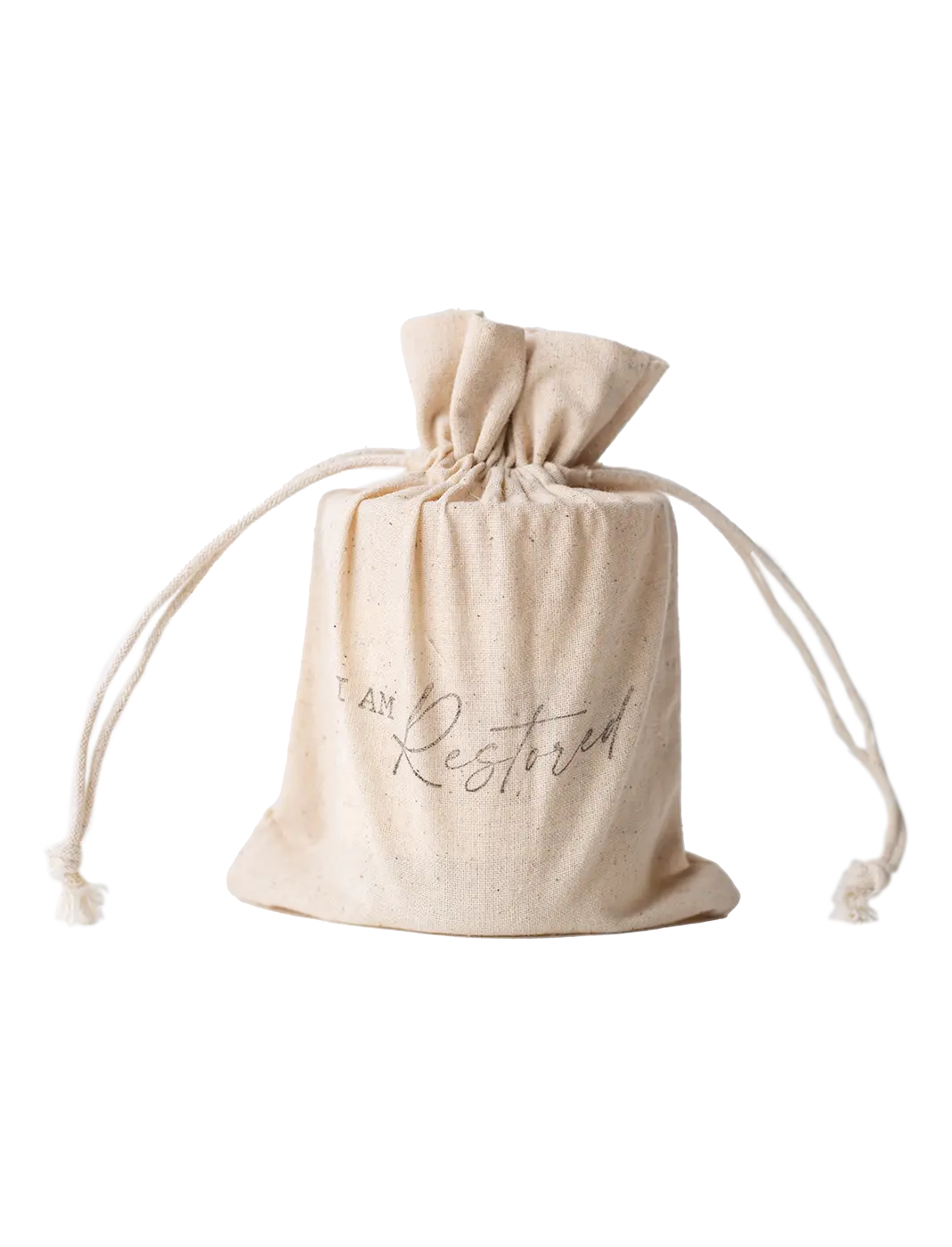 Natural canvas drawstring bag with 'I AM Restored' script, cozy farmhouse decor gift