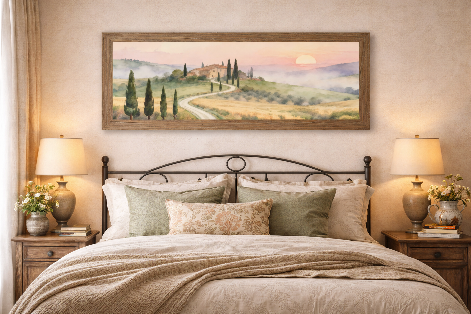 Bedroom with a bed, nightstands, lamps, and a framed landscape painting on the wall.