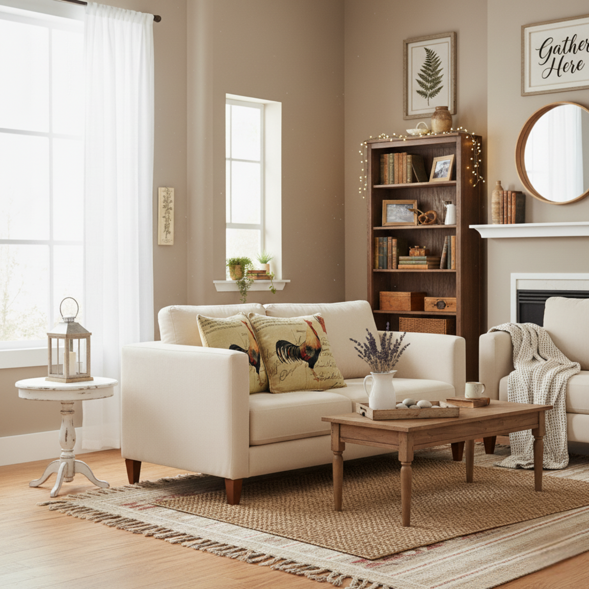 Cozy living room with beige sofa, wooden coffee table, and bookshelf.