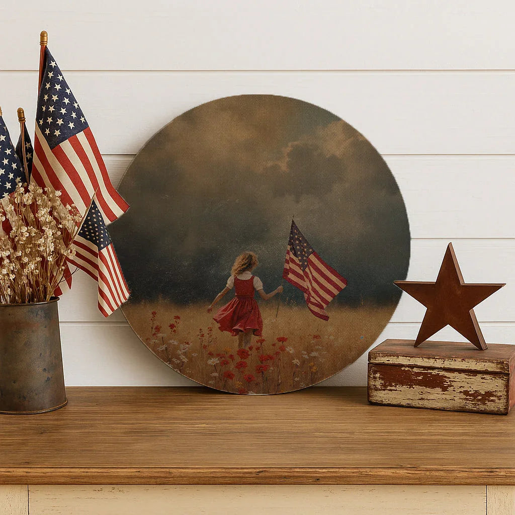 Girl Carrying Flag Through Storm Circle
