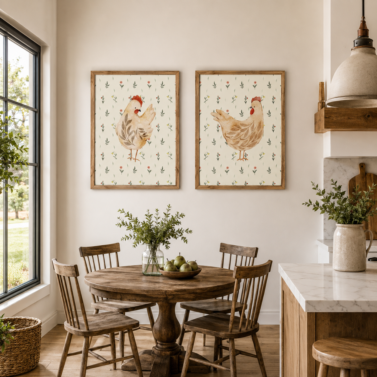 Dining room with wooden table and chairs, framed chicken artwork on the wall, and a window view.