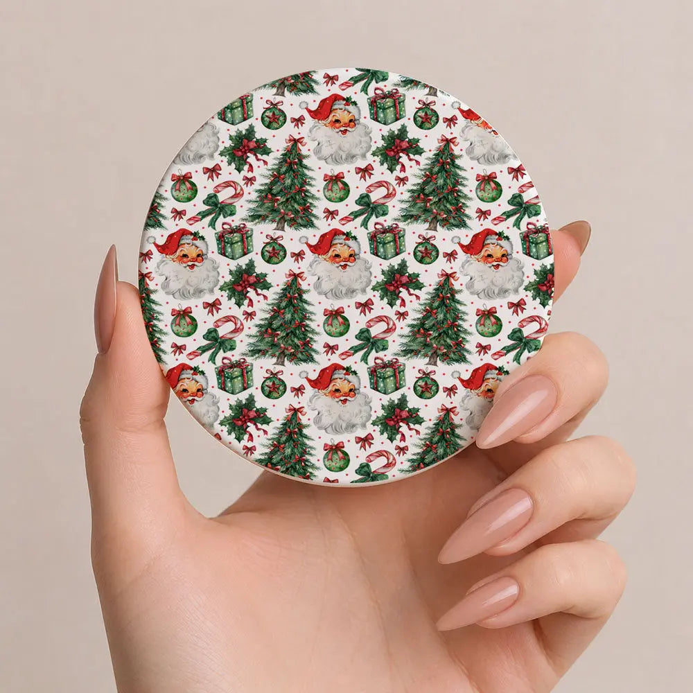 Circular product with Christmas-themed pattern held by a hand against a beige background