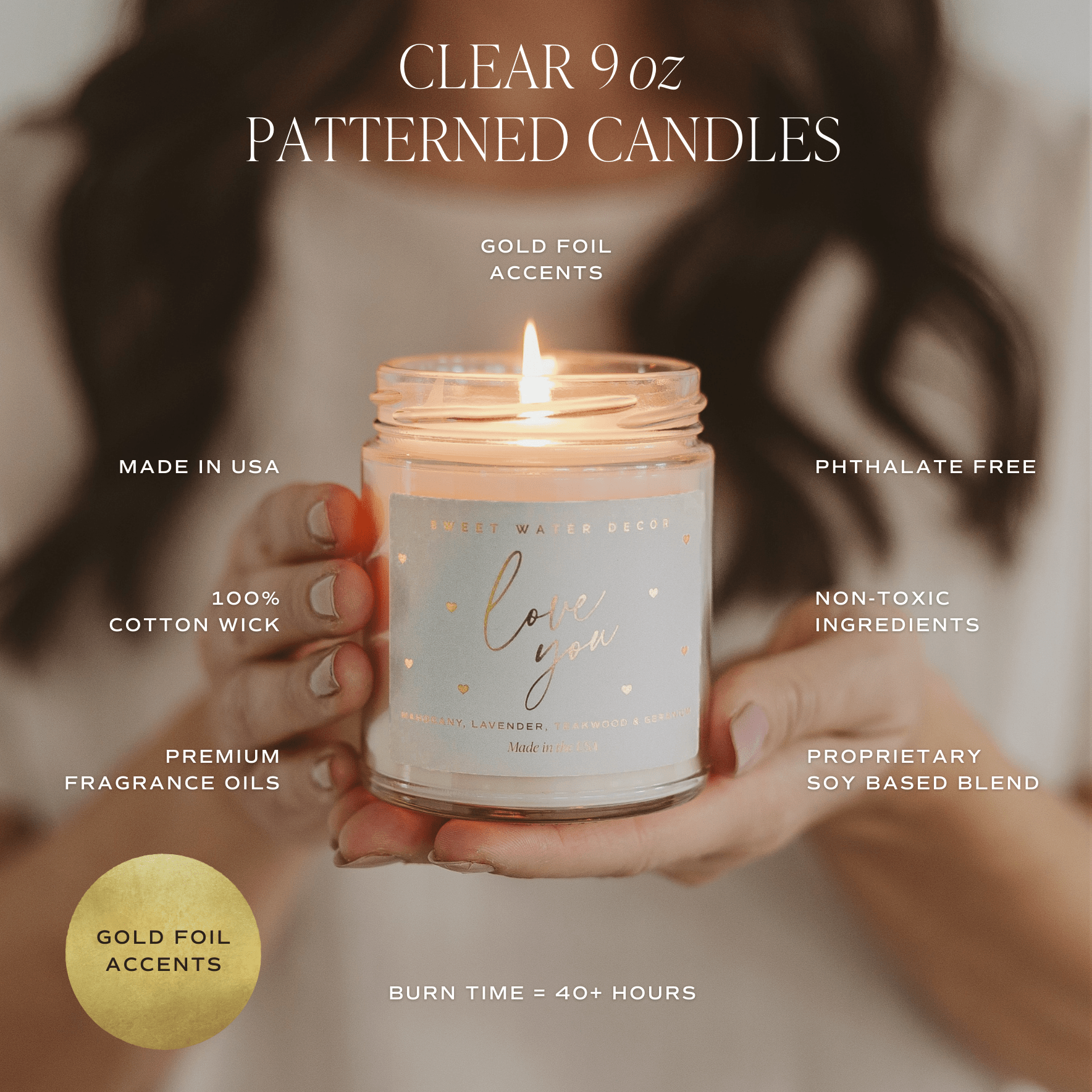 Candle with gold foil accents held by hands, surrounded by text detailing product features.