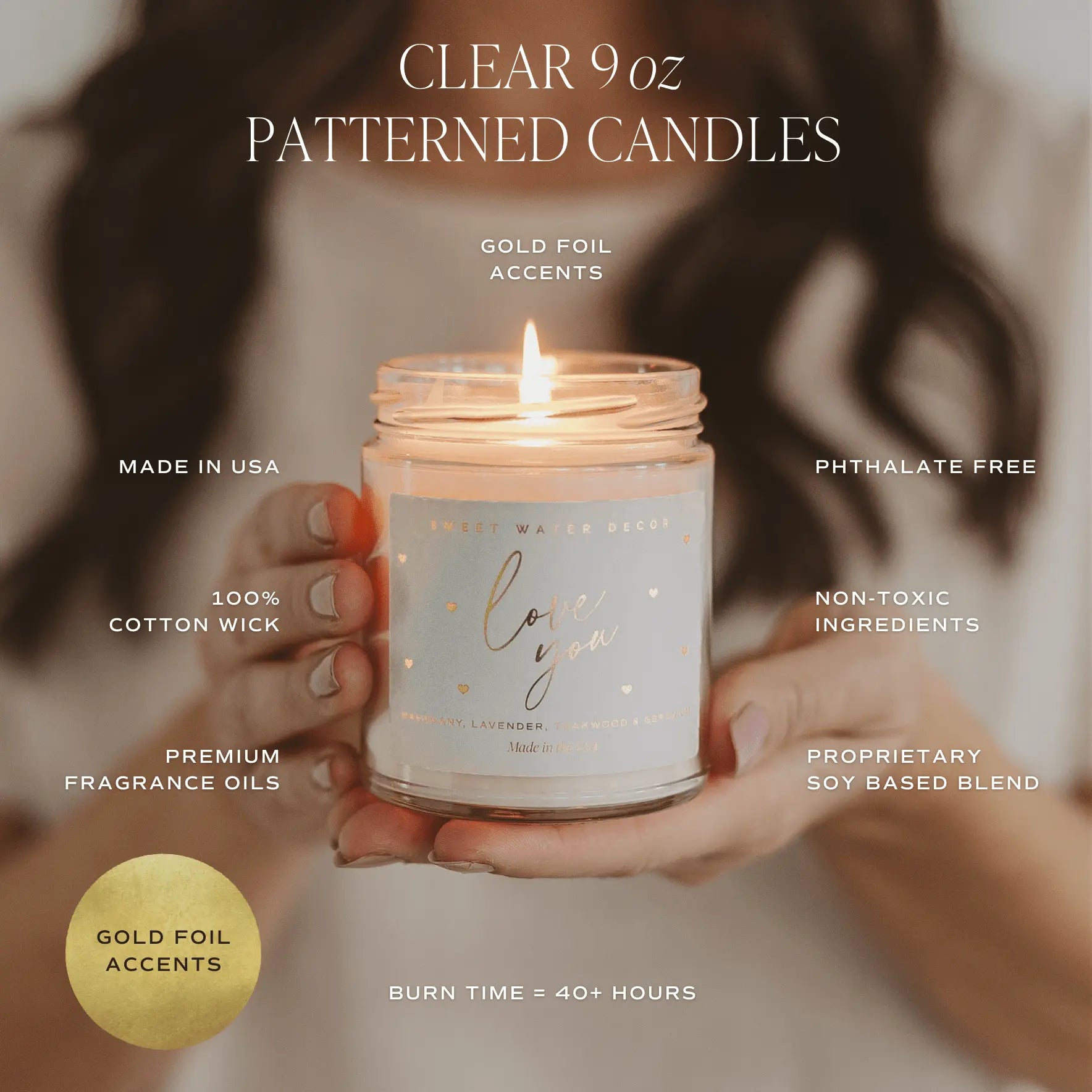 Clear 9oz patterned candle with gold foil 'Love You' label, soy blend, cotton wick, 40+ hour burn