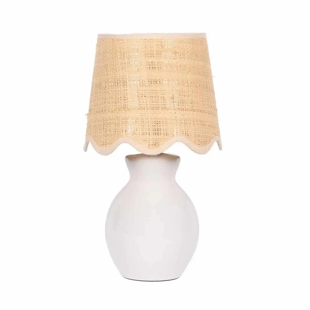 White ceramic table lamp with woven raffia shade, farmhouse cottage decor