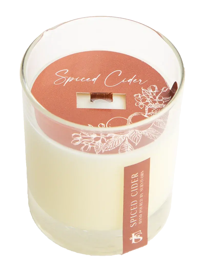 Spiced Cider candle in clear glass jar with rustic label, cozy farmhouse home decor