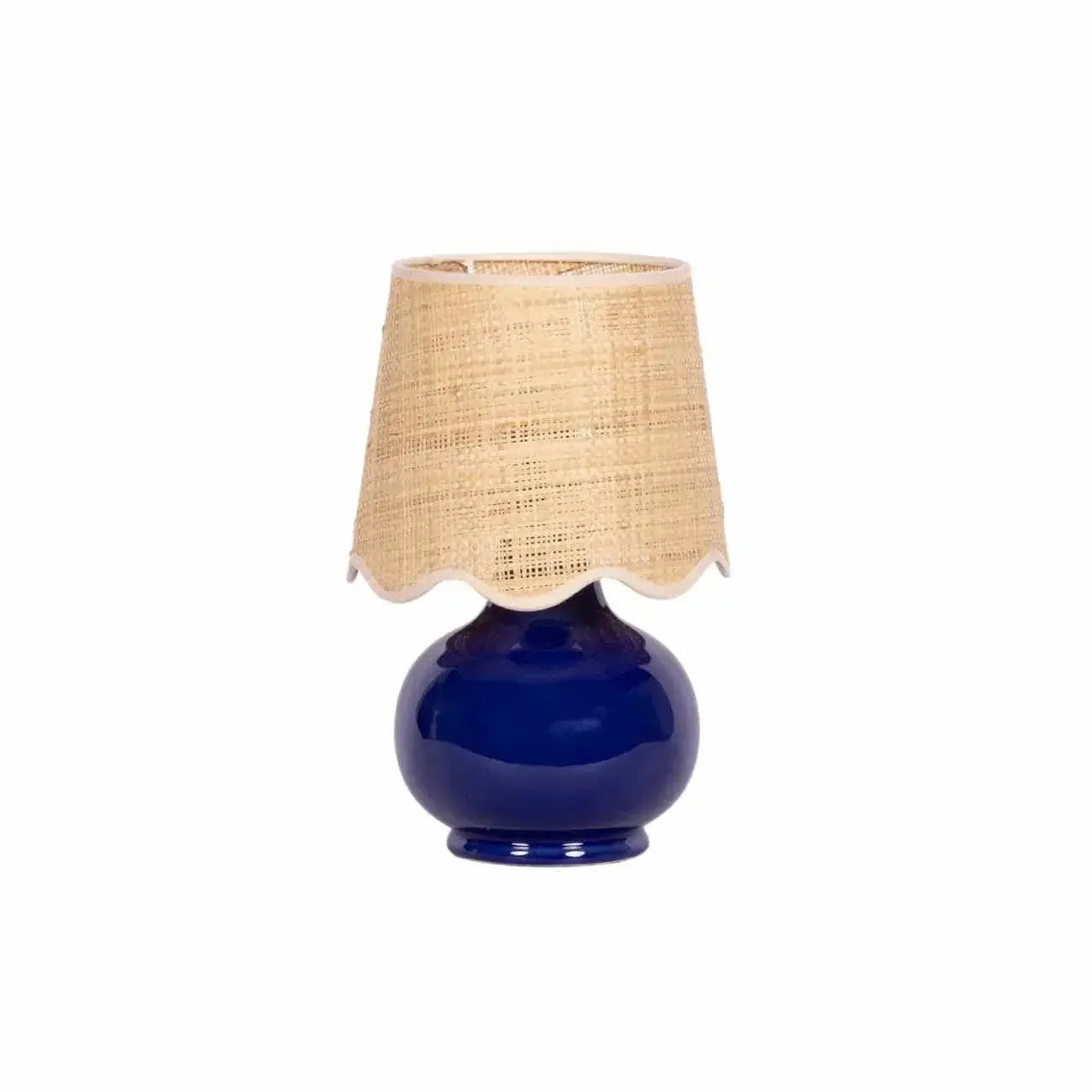Cobalt blue ceramic table lamp with woven rattan shade, farmhouse cottage decor