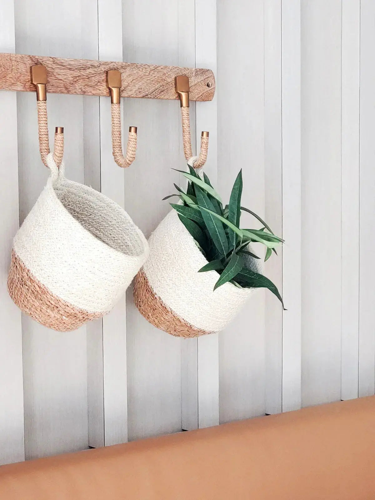 Farmhouse wall hooks with woven baskets, one holding green plant, cozy cottage decor