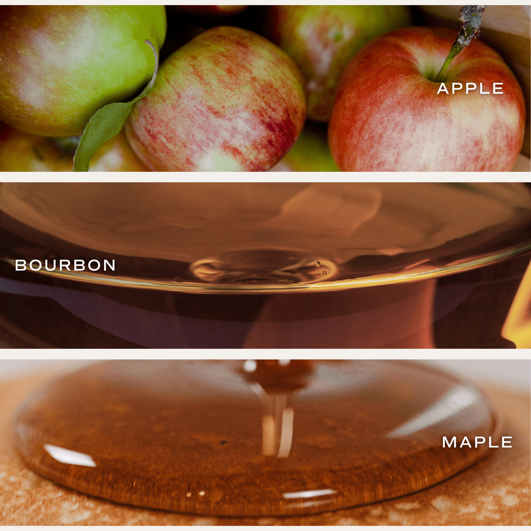 Three images of apples, a bourbon glass, and a maple syrup pour.