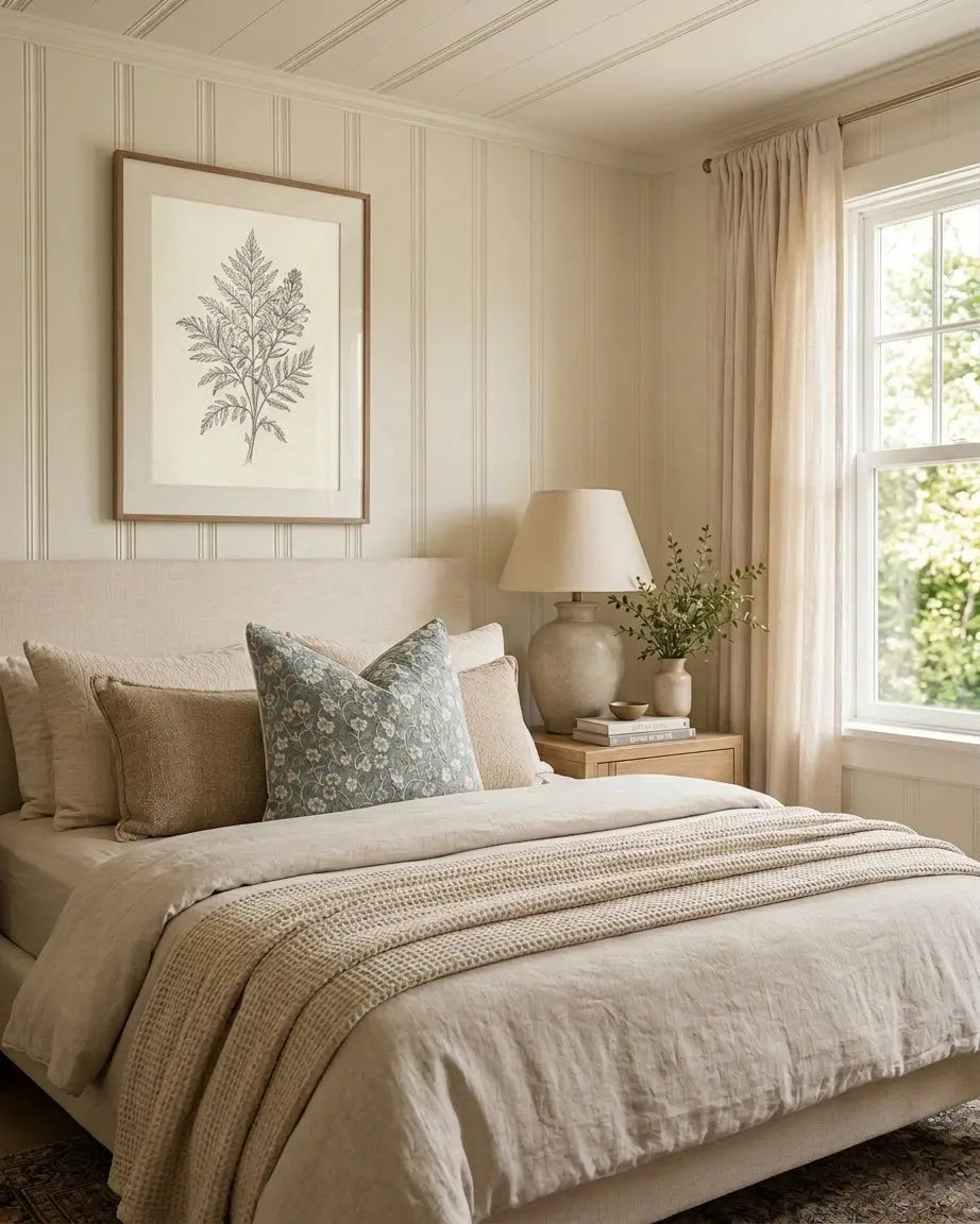 Cozy bedroom with a bed, lamp, and decorative elements.