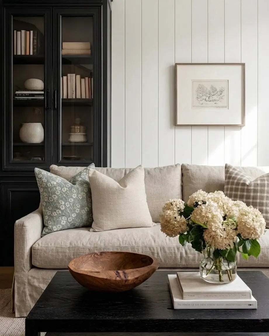 Living room with a beige sofa, decorative pillows, a wooden bowl, and a vase of flowers on a coffee table.
