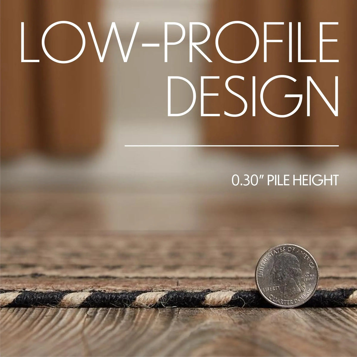 Text 'LOW-PROFILE DESIGN' with a coin on a textured surface to indicate pile height.