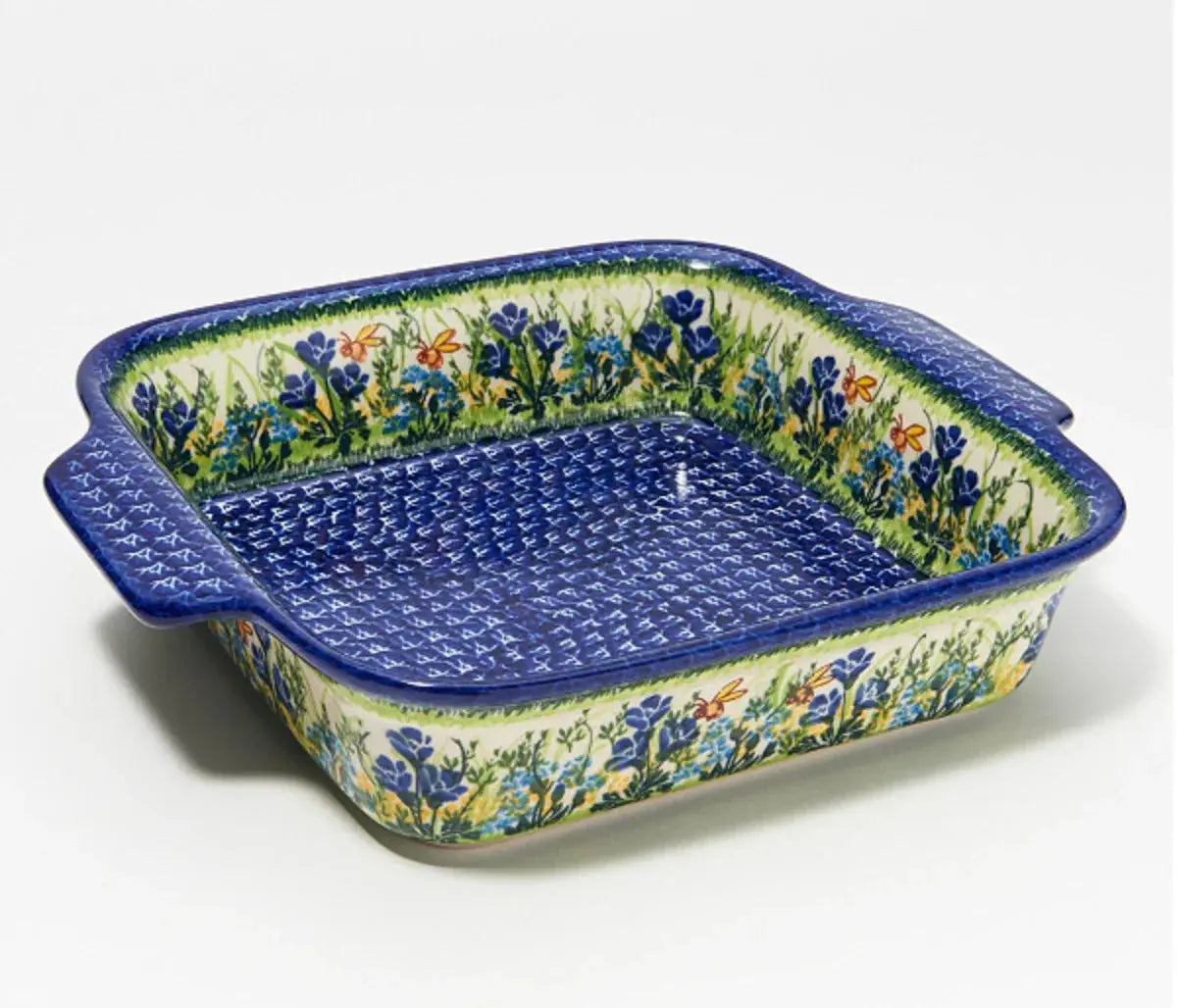 Blue floral ceramic baking dish with garden pattern, farmhouse kitchen decor