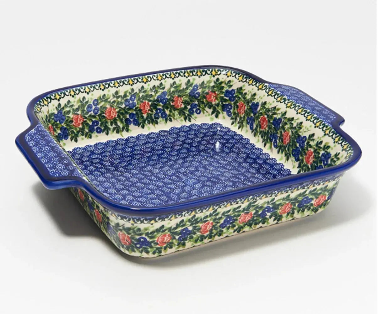 Floral ceramic baking dish with blue pattern, farmhouse kitchen decor