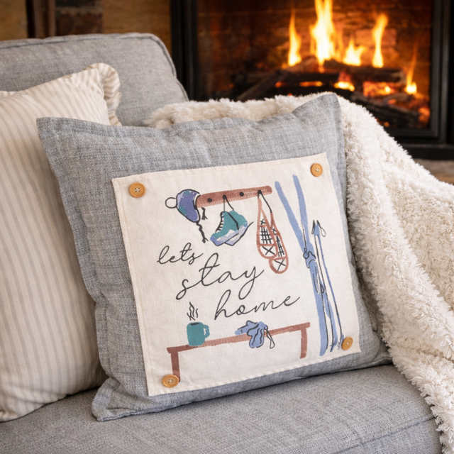 A square gray throw pillow with a cream central panel featuring a winter-themed illustration and the words “let’s stay home,” styled on a gray sofa with a cream blanket in front of a lit fireplace.