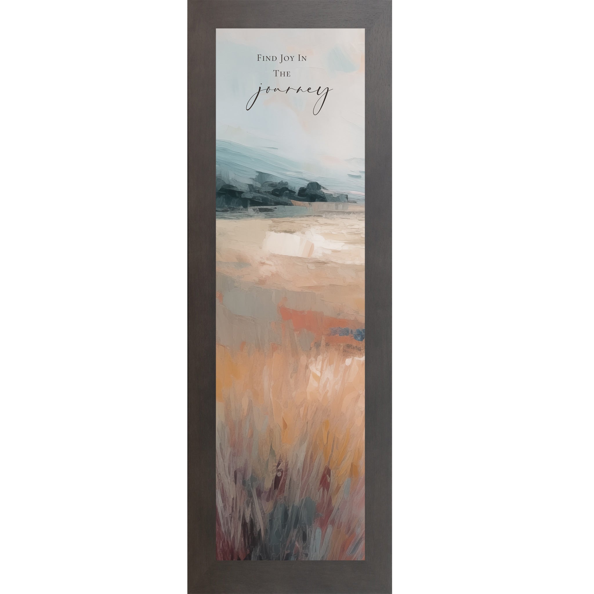 Framed artwork with a scenic landscape and motivational quote on a white background