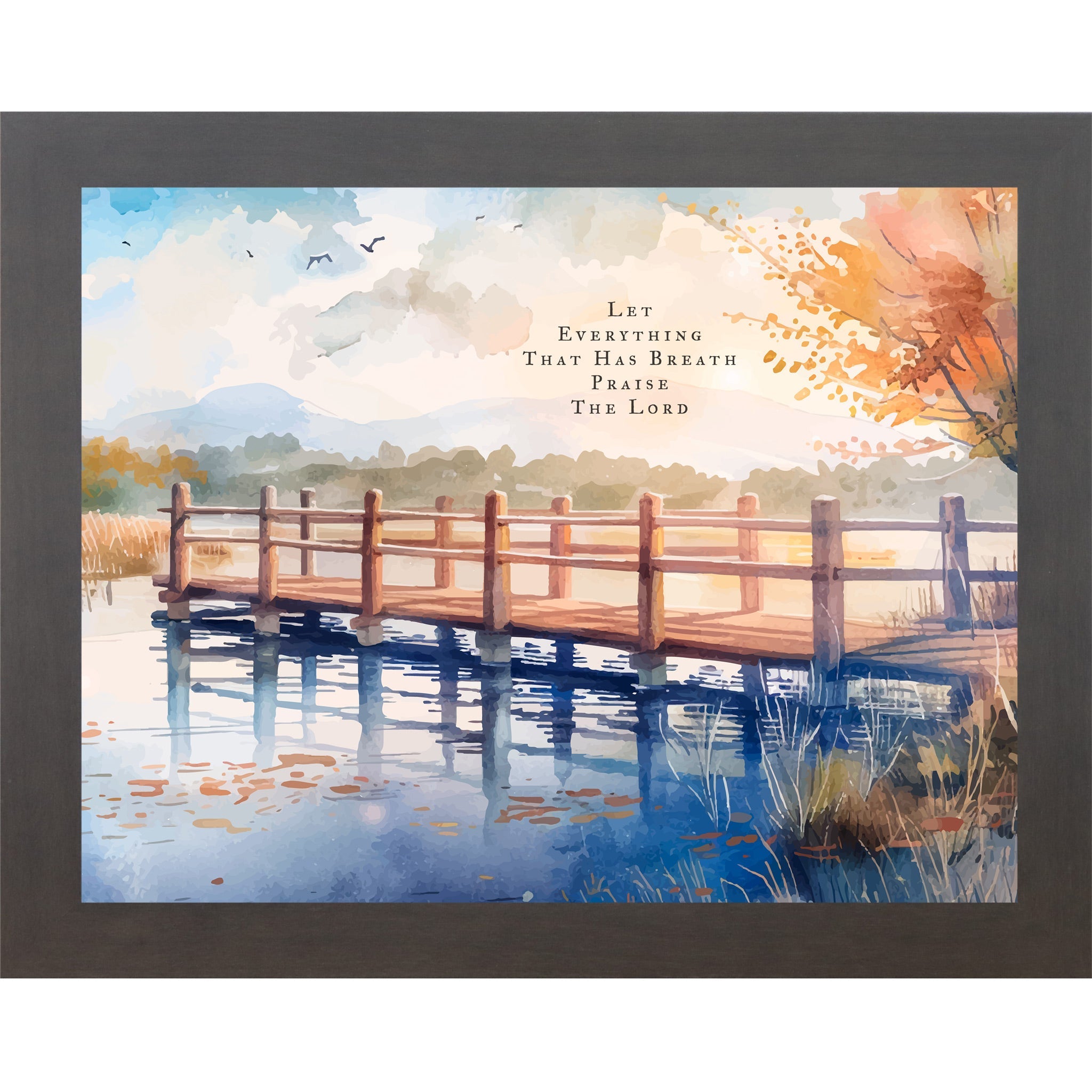 Framed artwork of a wooden bridge over water with a scenic landscape and text.
