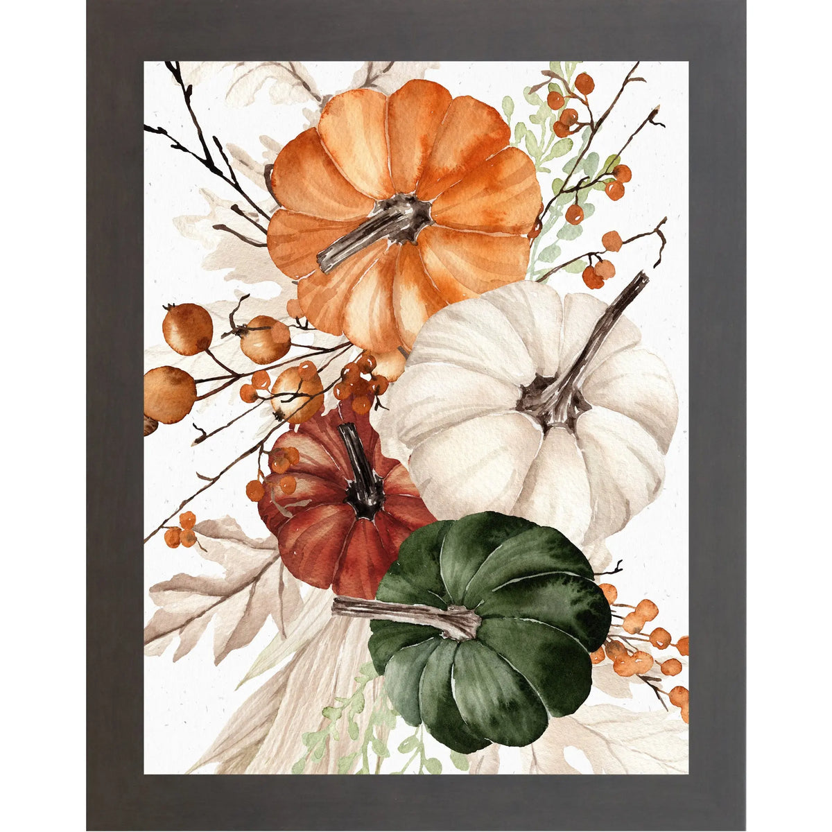 Framed artwork of pumpkins and berries on a white background