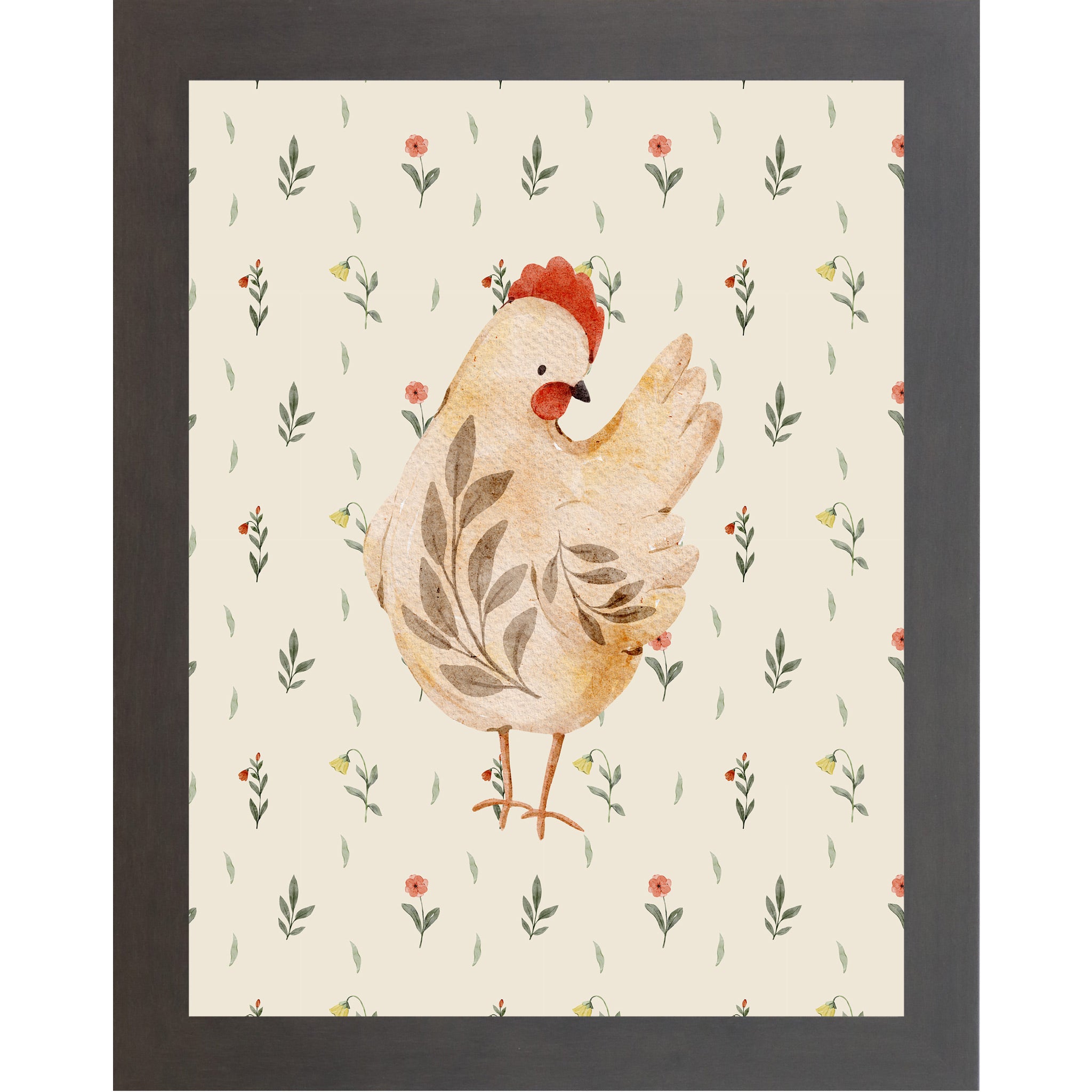 Framed artwork of a chicken with floral patterns on a beige background
