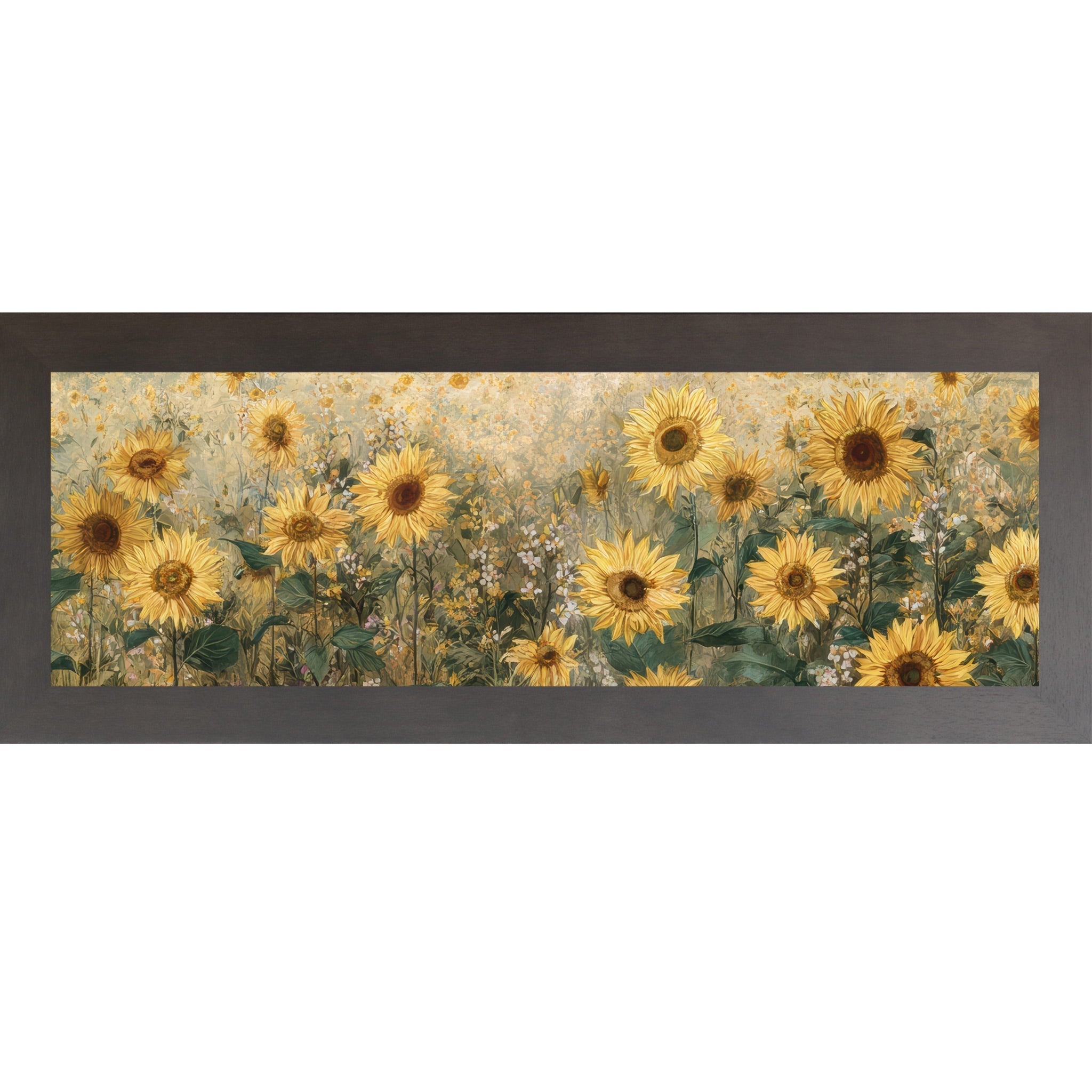 Framed artwork of sunflowers and wildflowers on a white background