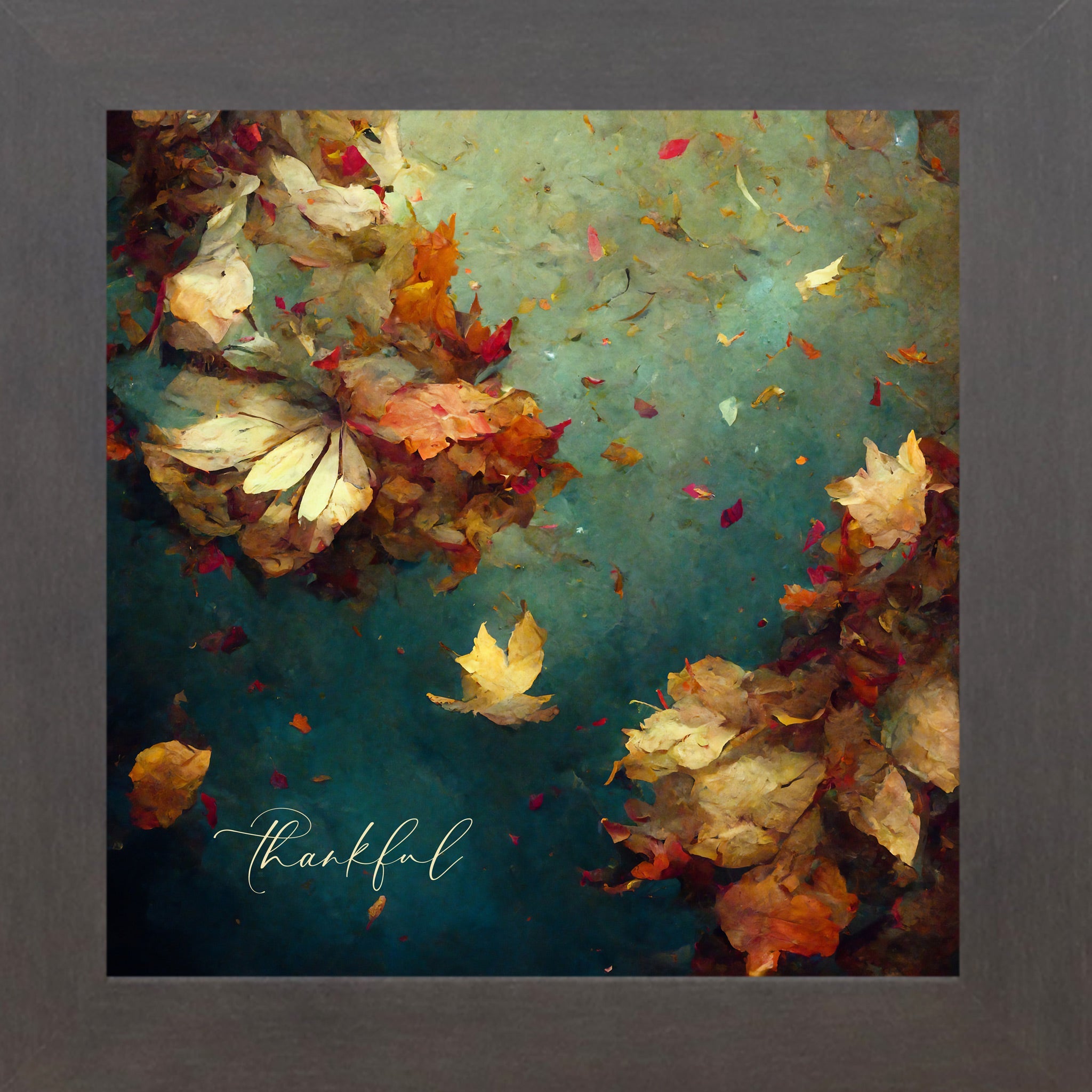 Artistic depiction of autumn leaves with the word 'thankful' on a textured background