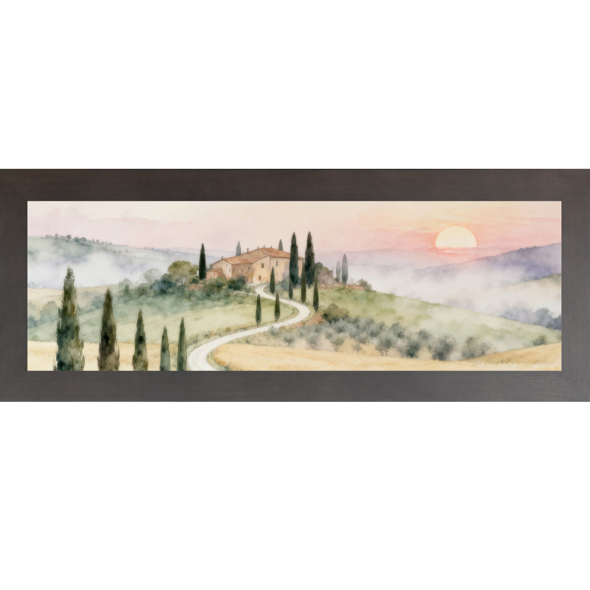 Framed artwork of a Tuscan landscape with a villa and cypress trees.