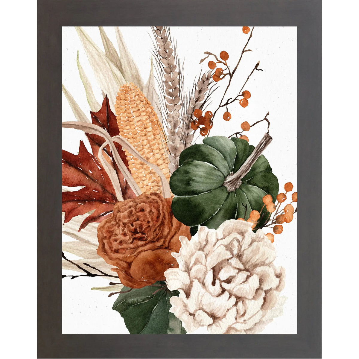 A framed botanical art print featuring a watercolor autumn floral arrangement with a corn cob, green pumpkin, cream peony, brown rose, dried leaves, and small orange berries on a white background, enclosed in a dark gray frame.