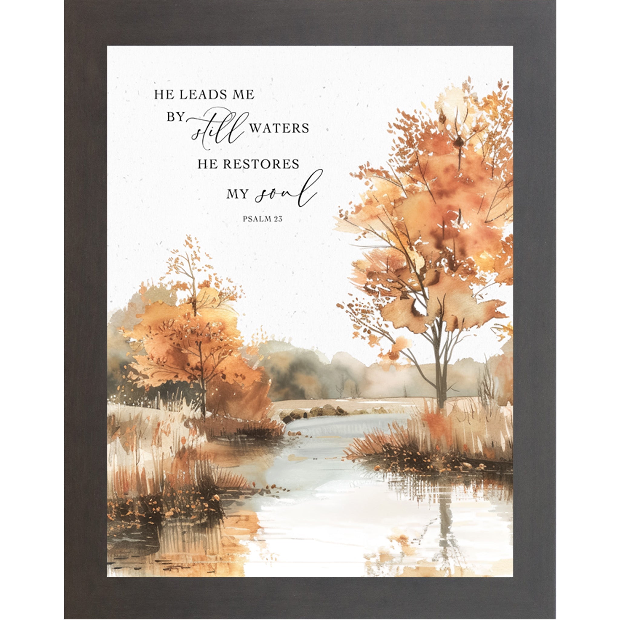Framed artwork with autumn landscape and inspirational quote on a white background